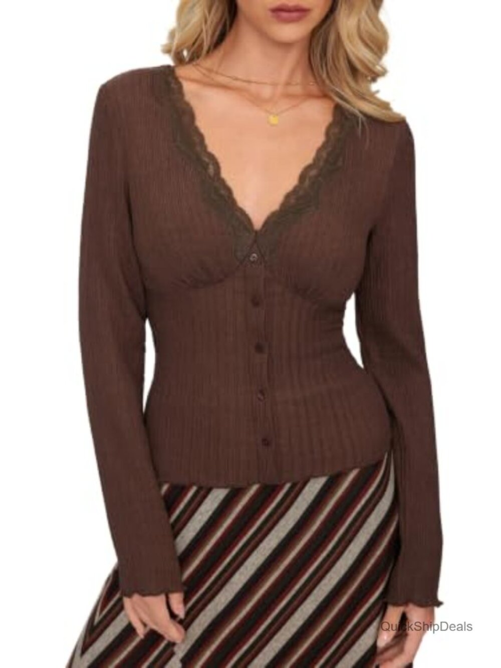 Ribbed Knit V-Neck Long Sleeve Cardigan Sweater